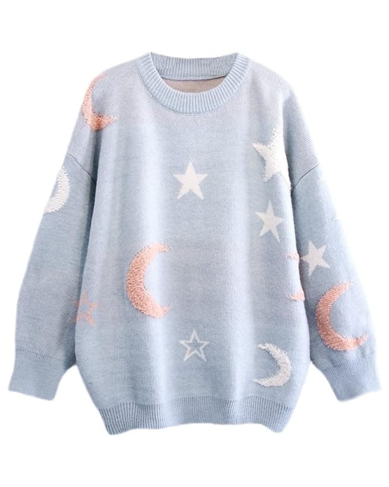 Women Harajuku Stars Moon Sweater Crew Neck College Style Pullover Autumn Winter Casual Jumper Blue $19.60 Sweaters