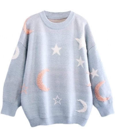 Women Harajuku Stars Moon Sweater Crew Neck College Style Pullover Autumn Winter Casual Jumper Blue $19.60 Sweaters