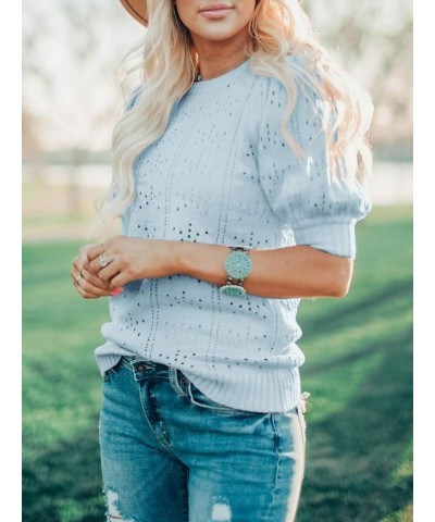 Womens Cute Short Puff Sleeve Sweaters Loose Crew Neck Lightweight Pointelle Knit Pullover Shirts Tops Blue $19.37 Sweaters