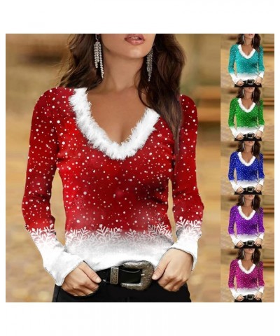 Stylish Colorblock V Neck Tunic Shirts for Women Faux Fur Trim Long Sleeve Christmas Snowflake Print Blouse Blue $11.39 Sweaters