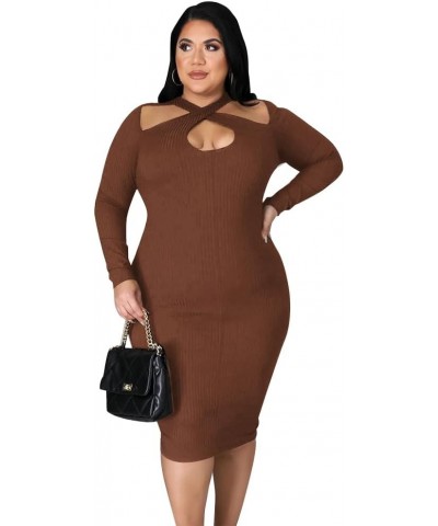 Women's Plus Size Sexy Stretchable Long Sleeve Hollow Out Crisscross Knit Slim Fit Midi Dress Brown $26.99 Dresses