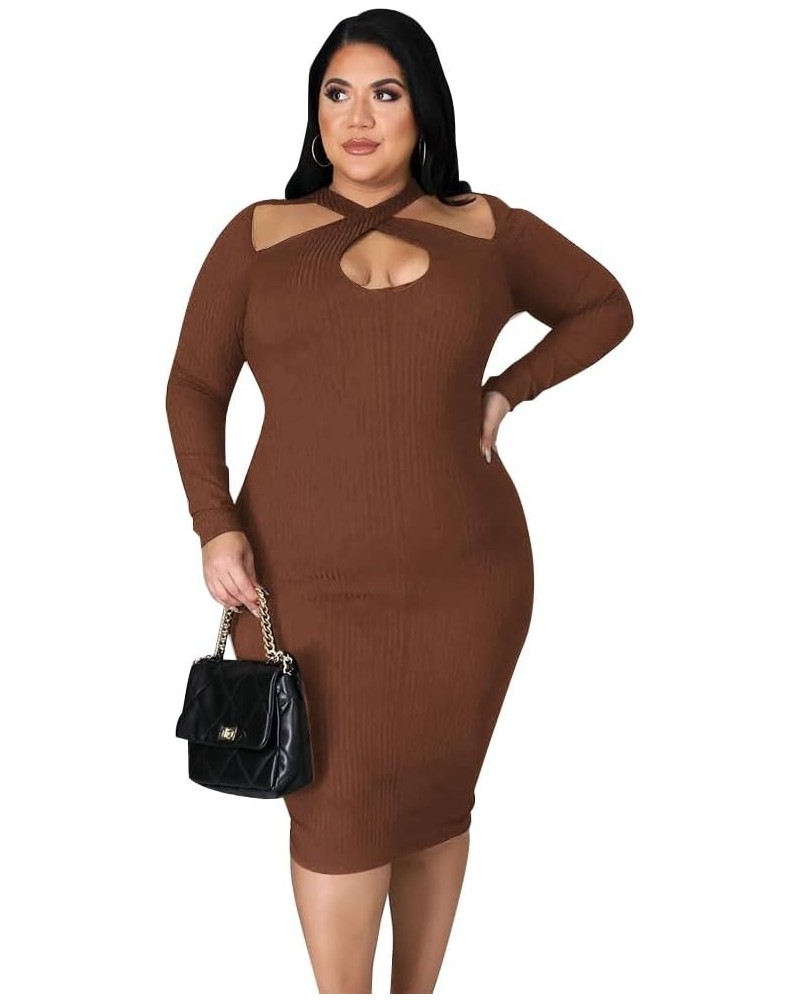 Women's Plus Size Sexy Stretchable Long Sleeve Hollow Out Crisscross Knit Slim Fit Midi Dress Brown $26.99 Dresses