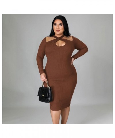 Women's Plus Size Sexy Stretchable Long Sleeve Hollow Out Crisscross Knit Slim Fit Midi Dress Brown $26.99 Dresses