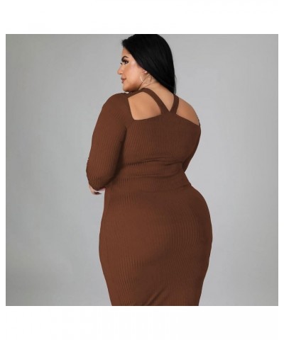 Women's Plus Size Sexy Stretchable Long Sleeve Hollow Out Crisscross Knit Slim Fit Midi Dress Brown $26.99 Dresses