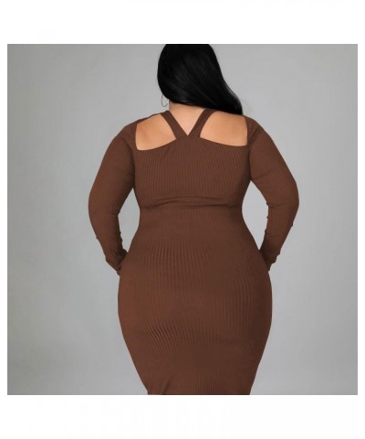 Women's Plus Size Sexy Stretchable Long Sleeve Hollow Out Crisscross Knit Slim Fit Midi Dress Brown $26.99 Dresses