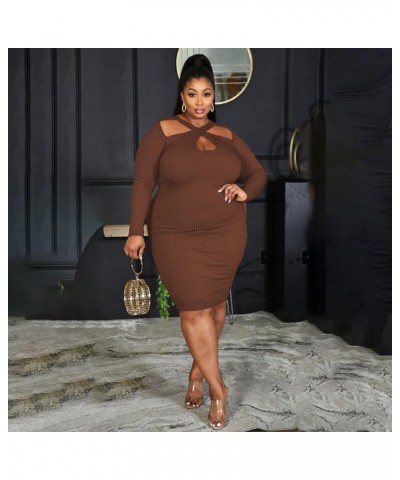 Women's Plus Size Sexy Stretchable Long Sleeve Hollow Out Crisscross Knit Slim Fit Midi Dress Brown $26.99 Dresses