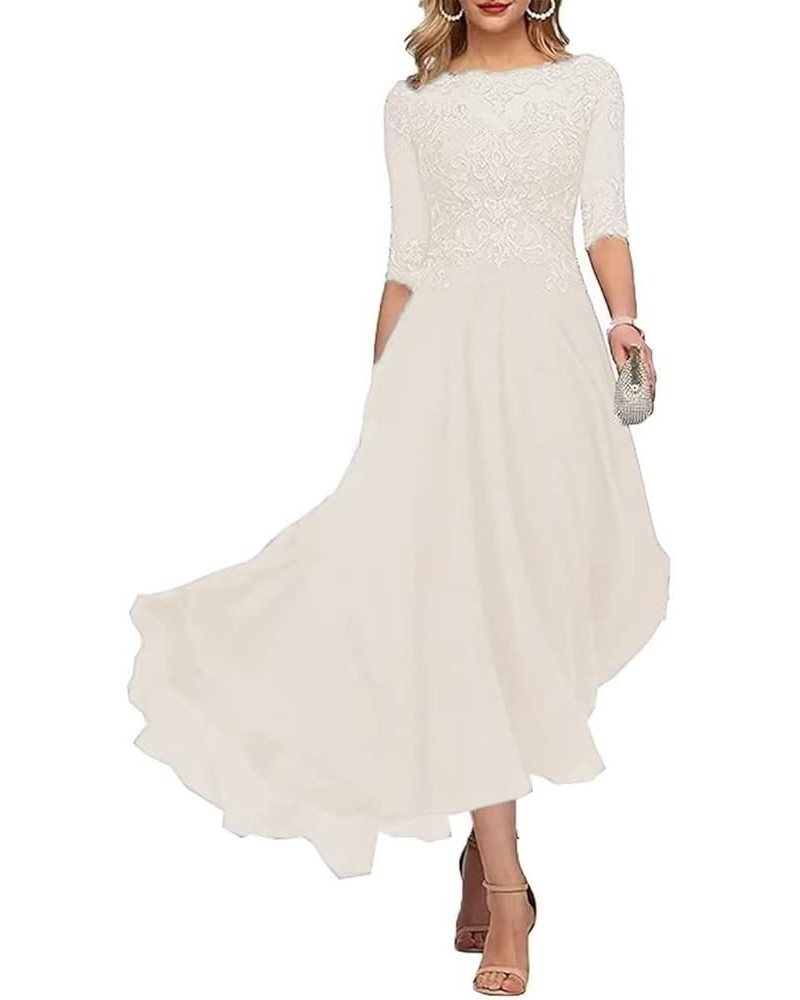 Laces Mother of Bride Dress Tea Length Mother of The Groom Dress with Sleeves Women Beaded Formal Evening Gowns Ivory $36.26 ...