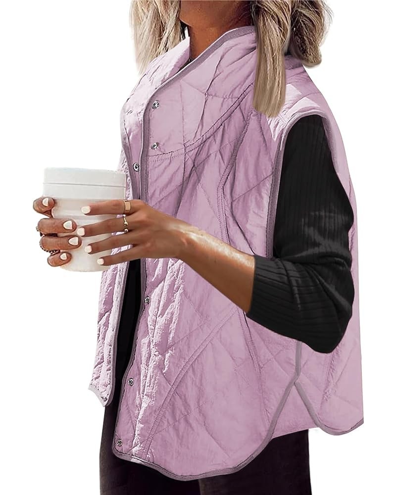 Womens Quilted Puffer Vest Stand Collar Button Down Sleeveless Padded Gilet Lightweight Jacket with Pockets Lightpurple $20.3...