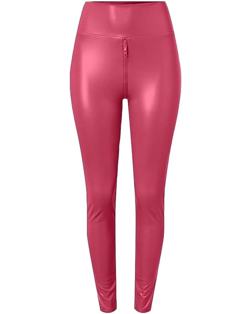 Matte Leather Trousers,Elastic High Waist Faux Leather Pants Women Sexy Crotch Double Zipper Leggings Rose Red $14.66 Leggings