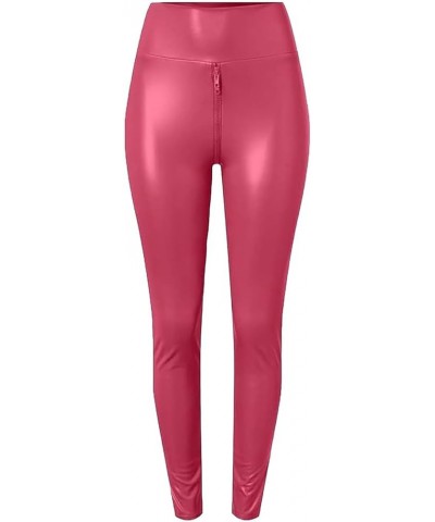 Matte Leather Trousers,Elastic High Waist Faux Leather Pants Women Sexy Crotch Double Zipper Leggings Rose Red $14.66 Leggings