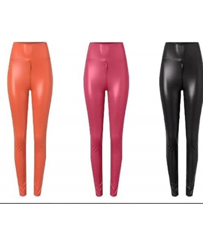 Matte Leather Trousers,Elastic High Waist Faux Leather Pants Women Sexy Crotch Double Zipper Leggings Rose Red $14.66 Leggings