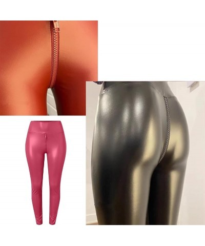 Matte Leather Trousers,Elastic High Waist Faux Leather Pants Women Sexy Crotch Double Zipper Leggings Rose Red $14.66 Leggings