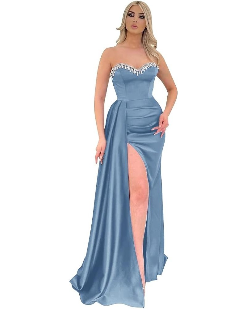 Beaded Black Prom Dresses 2024 Long Satin Ball Gown for Women Formal Mermaid Evening Gowns Dusty Blue $40.32 Dresses