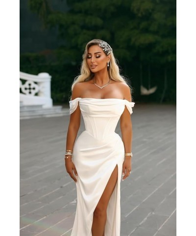 Mermaid Satin Prom Dresses Off Shoulder Long Ball Gown with High Slit Formal Evening Gown Peacock $34.50 Dresses