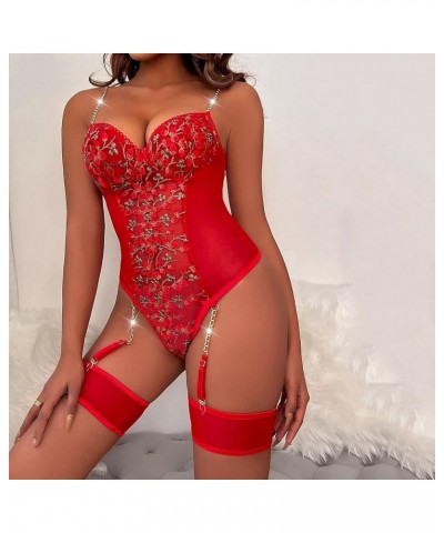 Sexy Garter Lingerie for Women Embroidered Lace Underwire Spaghetti Chain Strap Bodysuit Naughty Snap Crotch Lingerie A red $...