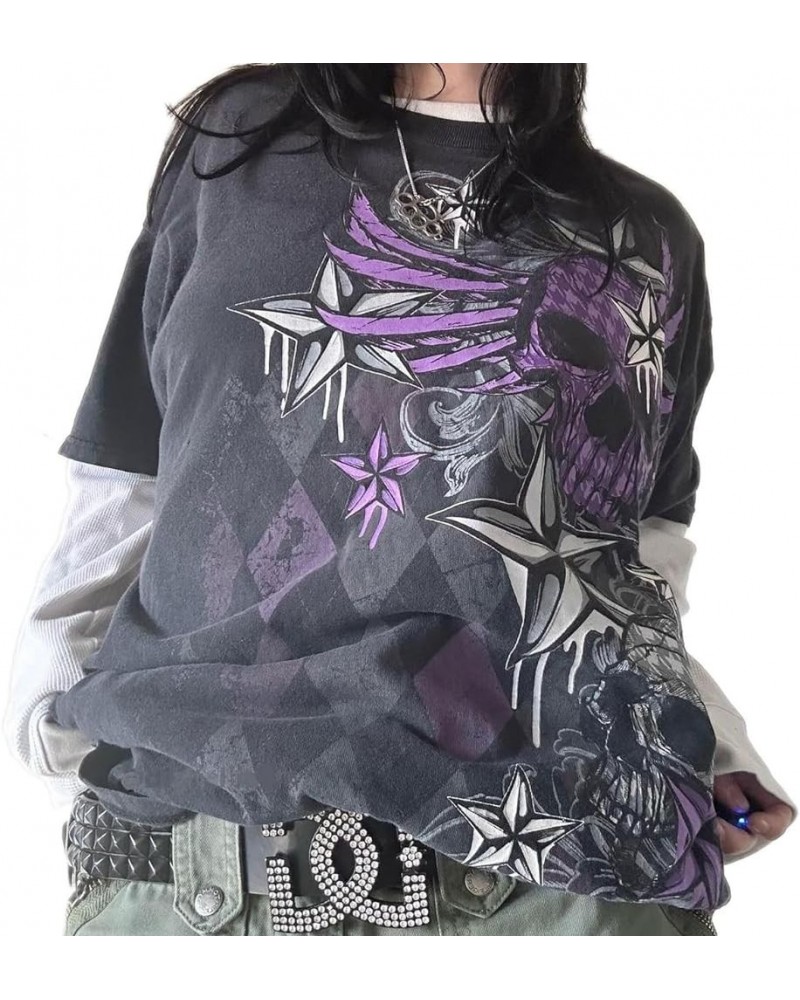 Grunge Gothic Clothes for Women Graphic Tees Y2k Fairy Long Sleeve Tops 2000s Baggy T-Shirts Emo Aesthetic Clothes B-purple $...