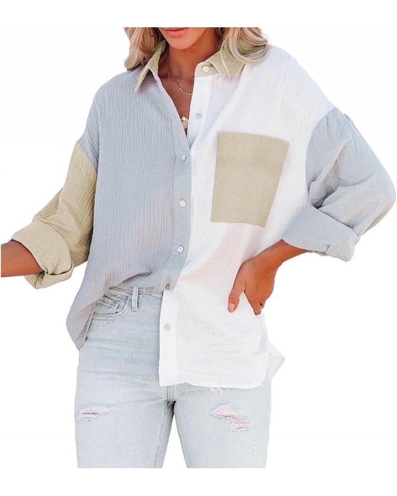 Women Cotton Shirt Color Block/Solid Color Oversized Button-Down Pocket Long Sleeve Top Loose Blouse B-grey Khaki $16.23 Blouses