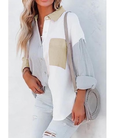 Women Cotton Shirt Color Block/Solid Color Oversized Button-Down Pocket Long Sleeve Top Loose Blouse B-grey Khaki $16.23 Blouses