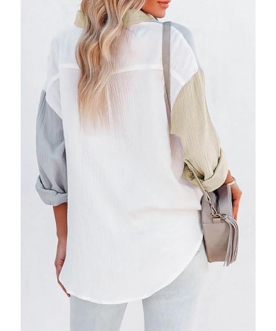 Women Cotton Shirt Color Block/Solid Color Oversized Button-Down Pocket Long Sleeve Top Loose Blouse B-grey Khaki $16.23 Blouses