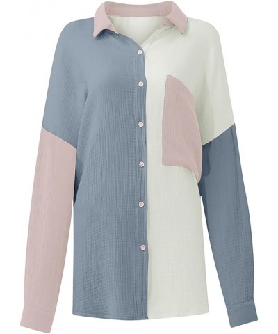 Women Cotton Shirt Color Block/Solid Color Oversized Button-Down Pocket Long Sleeve Top Loose Blouse B-grey Khaki $16.23 Blouses