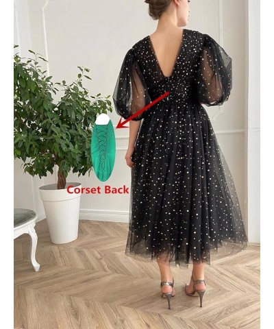 Women's Sparkle Starry Tulle A Line Puffy Sleeve Prom Dresses with Slit Formal Evening Party Gowns Hunter Green Tea-length St...