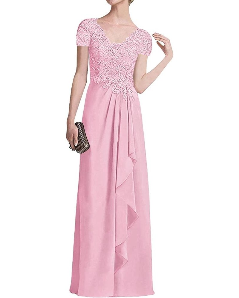 Mother of The Bride Dresses Long Evening Formal Dress Lace Applique Short Sleeve Ruffles Pink $36.26 Dresses