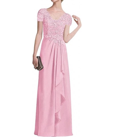 Mother of The Bride Dresses Long Evening Formal Dress Lace Applique Short Sleeve Ruffles Pink $36.26 Dresses