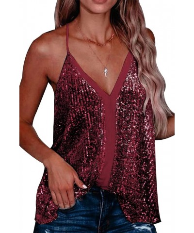 Sequin Top Sleeveless V-Neck Camisole Spaghetti Straps Tank Tops Racerback Sparkly Party Tops Wine Red $17.70 Tanks