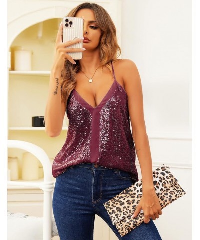 Sequin Top Sleeveless V-Neck Camisole Spaghetti Straps Tank Tops Racerback Sparkly Party Tops Wine Red $17.70 Tanks