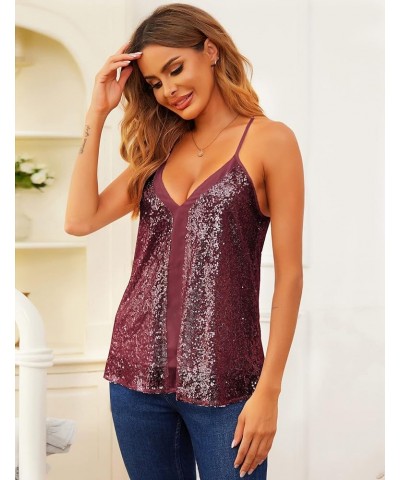 Sequin Top Sleeveless V-Neck Camisole Spaghetti Straps Tank Tops Racerback Sparkly Party Tops Wine Red $17.70 Tanks