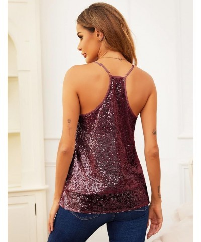 Sequin Top Sleeveless V-Neck Camisole Spaghetti Straps Tank Tops Racerback Sparkly Party Tops Wine Red $17.70 Tanks