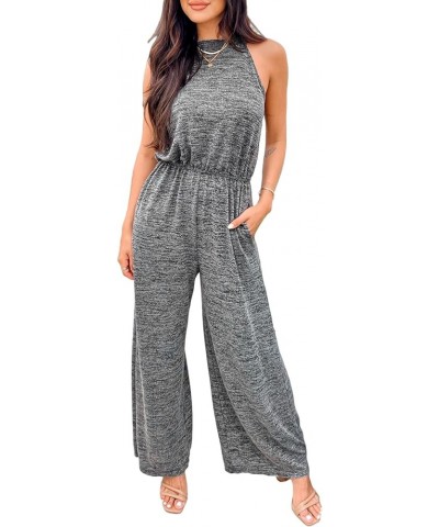 Summer Women's Halter Neck Sleeveless Long Romper Pleated Overalls Maxi Casual Jumpsuit with Pockets Grey $21.23 Jumpsuits