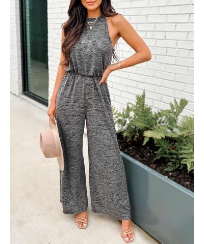 Summer Women's Halter Neck Sleeveless Long Romper Pleated Overalls Maxi Casual Jumpsuit with Pockets Grey $21.23 Jumpsuits