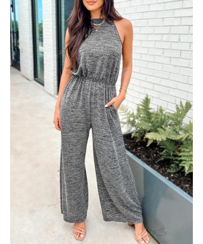 Summer Women's Halter Neck Sleeveless Long Romper Pleated Overalls Maxi Casual Jumpsuit with Pockets Grey $21.23 Jumpsuits