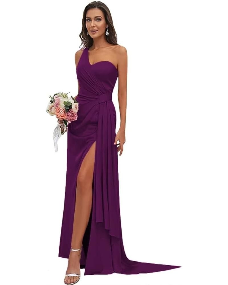 Women's Silk Satin Bridesmaid Dresses Long with Slit One Shoulder Formal Dresses Pleated Mermaid Party Dresses PF07 Plum $23....