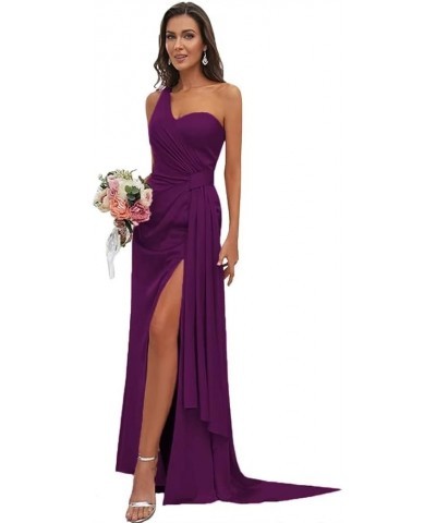 Women's Silk Satin Bridesmaid Dresses Long with Slit One Shoulder Formal Dresses Pleated Mermaid Party Dresses PF07 Plum $23....