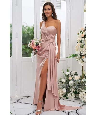 Women's Silk Satin Bridesmaid Dresses Long with Slit One Shoulder Formal Dresses Pleated Mermaid Party Dresses PF07 Plum $23....