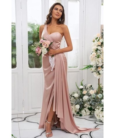 Women's Silk Satin Bridesmaid Dresses Long with Slit One Shoulder Formal Dresses Pleated Mermaid Party Dresses PF07 Plum $23....