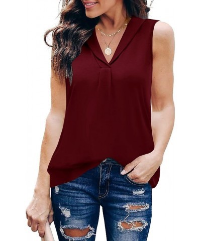 2023 Women Casual Sleeveless Collared V Neck Tank Top Blouse Wine Red Collared Shirts $8.69 Tanks