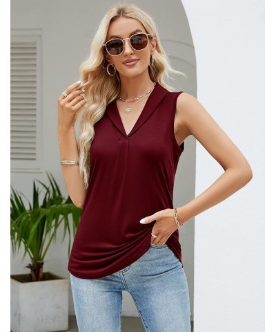 2023 Women Casual Sleeveless Collared V Neck Tank Top Blouse Wine Red Collared Shirts $8.69 Tanks