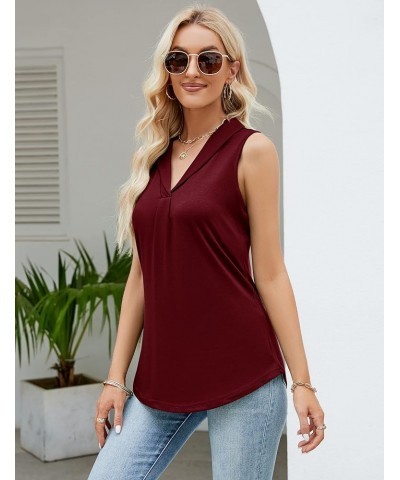 2023 Women Casual Sleeveless Collared V Neck Tank Top Blouse Wine Red Collared Shirts $8.69 Tanks