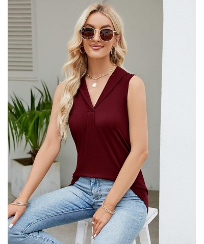 2023 Women Casual Sleeveless Collared V Neck Tank Top Blouse Wine Red Collared Shirts $8.69 Tanks