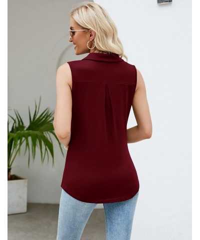 2023 Women Casual Sleeveless Collared V Neck Tank Top Blouse Wine Red Collared Shirts $8.69 Tanks