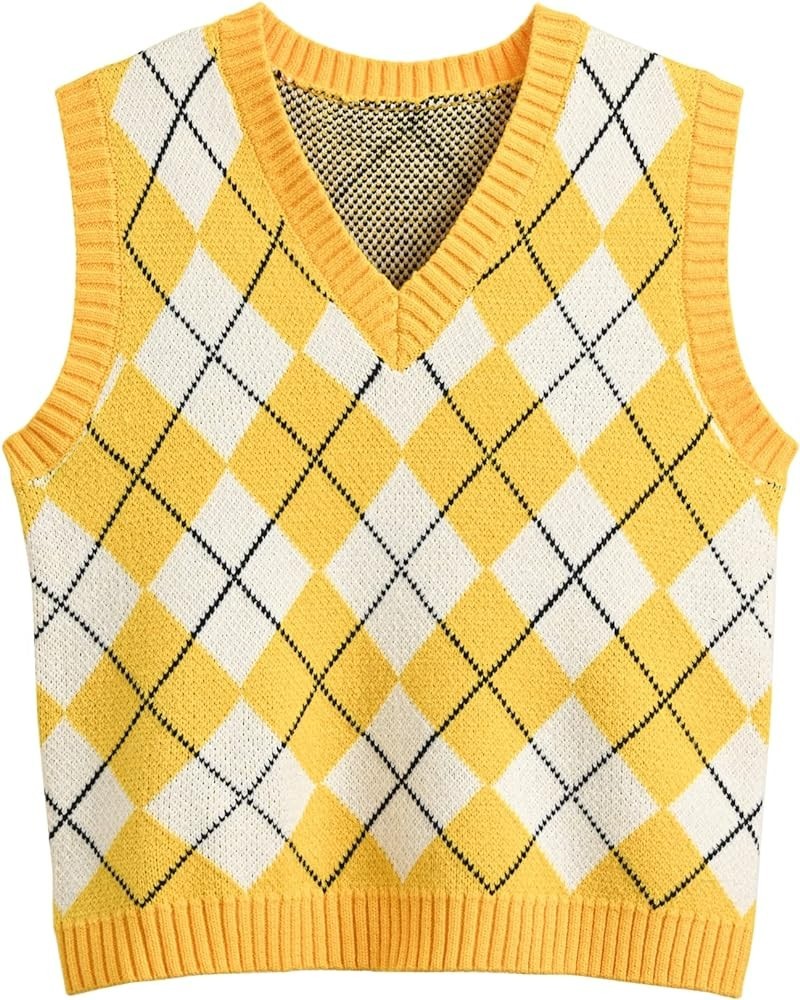 Argyle Sweater Vest Women Y2K Plaid Knitted Streetwear Preppy Style V Neck Crop Knitwear Tank Top for Girl Argyle2 Yellow $14...