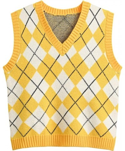 Argyle Sweater Vest Women Y2K Plaid Knitted Streetwear Preppy Style V Neck Crop Knitwear Tank Top for Girl Argyle2 Yellow $14...