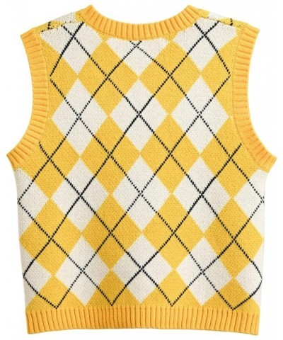 Argyle Sweater Vest Women Y2K Plaid Knitted Streetwear Preppy Style V Neck Crop Knitwear Tank Top for Girl Argyle2 Yellow $14...