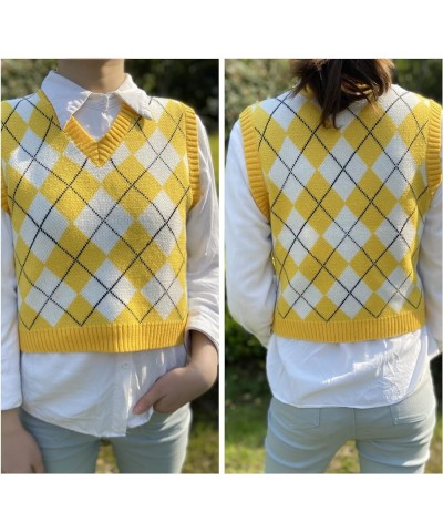 Argyle Sweater Vest Women Y2K Plaid Knitted Streetwear Preppy Style V Neck Crop Knitwear Tank Top for Girl Argyle2 Yellow $14...