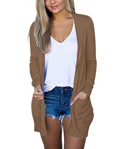 Womens Casual Lightweight Long Sleeve Cardigan Soft Solid Color Open Front Knit Draped Sweaters Outwear with Pockets E- Khaki...