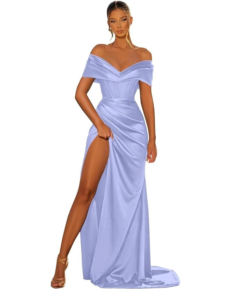 Women's Corset Satin Prom Dresses Off The Shoulder Split Mermaid Ruched Evening Formal Gowns Lavender $29.40 Dresses