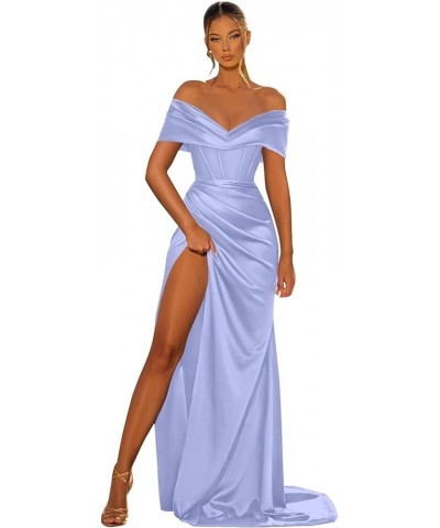 Women's Corset Satin Prom Dresses Off The Shoulder Split Mermaid Ruched Evening Formal Gowns Lavender $29.40 Dresses